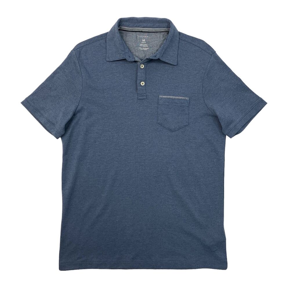 Tahari Polo Shirt Mens M Medium Blue Fine Cotton Interlock Pocket Spread Collar